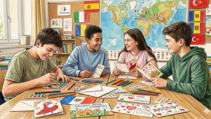 Illustration d'élèves travaillant sur le projet eTwinning.